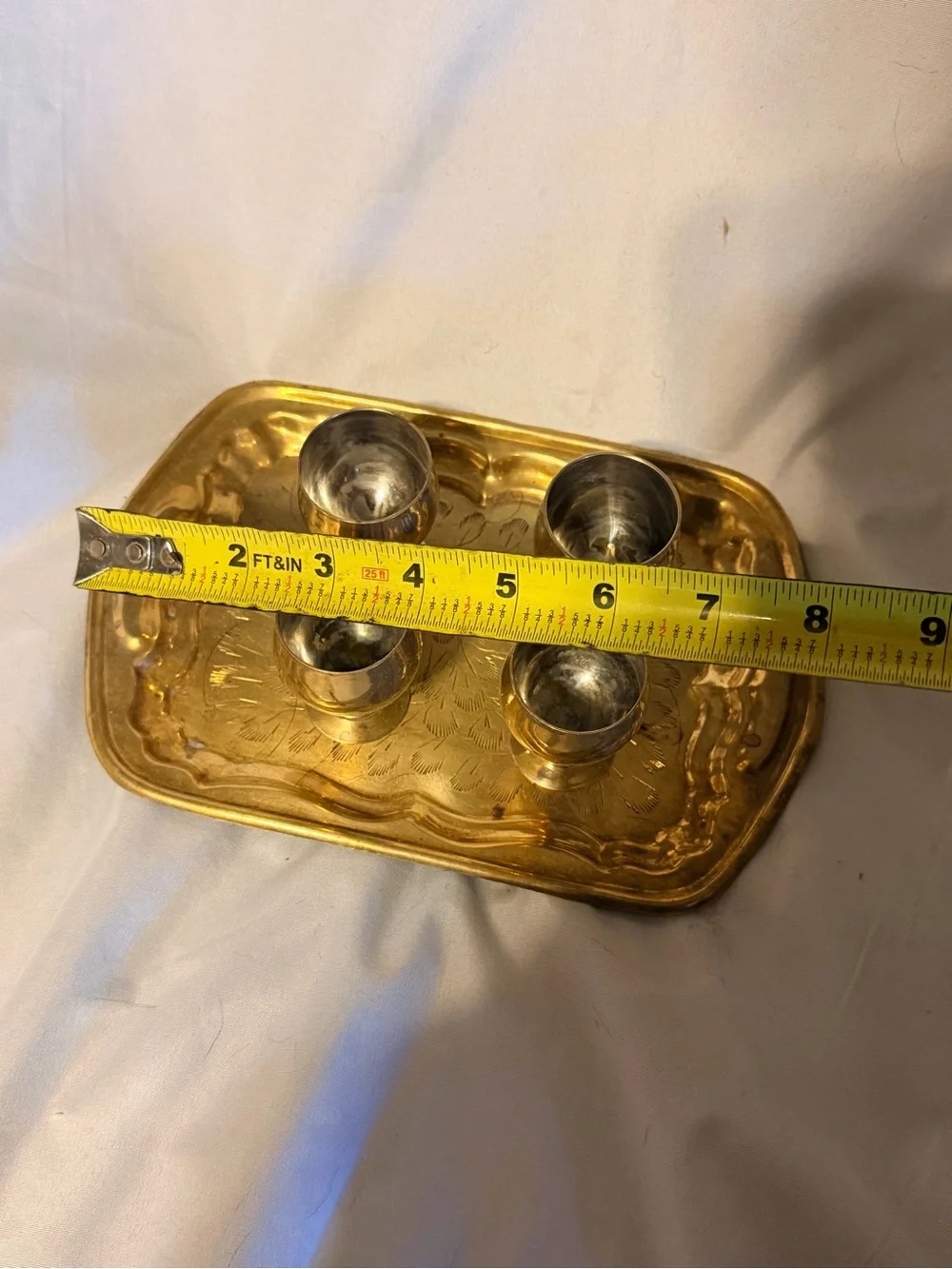 Vintage Brass Mini Goblet Set of 4 with Engraved Serving Tray Barware Decor